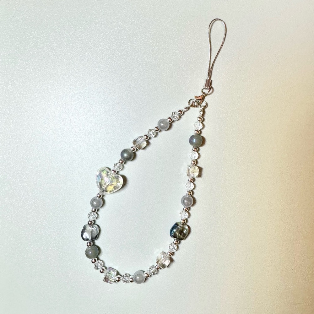 Handmade Phone Strap with Clear Silver Beads Heart Charm Phone Accessories